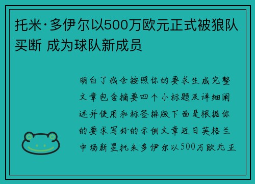 托米·多伊尔以500万欧元正式被狼队买断 成为球队新成员