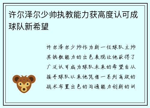 许尔泽尔少帅执教能力获高度认可成球队新希望 许尔泽尔少帅执教能力获高度认可成球队新希望