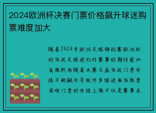 2024欧洲杯决赛门票价格飙升球迷购票难度加大