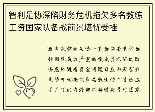 智利足协深陷财务危机拖欠多名教练工资国家队备战前景堪忧受挫
